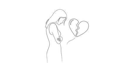 Sad Woman with Broken Heart Line Art