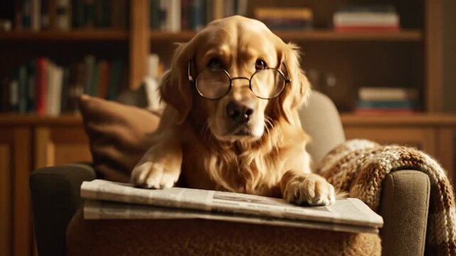 A smart Golden Retriever dog wearing reading glasses sits thoughtfully by a stack of newspapers.