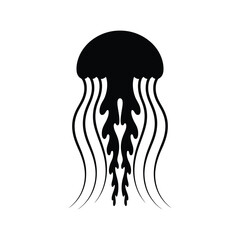 Stylized black silhouette of a jellyfish with flowing tentacles