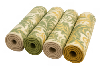 Rolled fabric rugs with green and yellow pattern displaying home decor and carpet retail options on transparent background