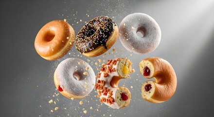 Doughnuts Frozen Mid-Air With Crumbs and Sugar Particles