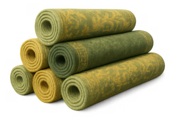 Rolled carpets with green and yellow floral patterns, stacked and isolated over transparent background for home decor