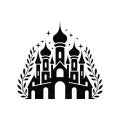 Elegant black silhouette of a fairytale castle with laurel wreath