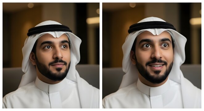A portrait of a young Middle Eastern man wearing traditional attire with a friendly expression and a warm background, capturing cultural elegance and modern style