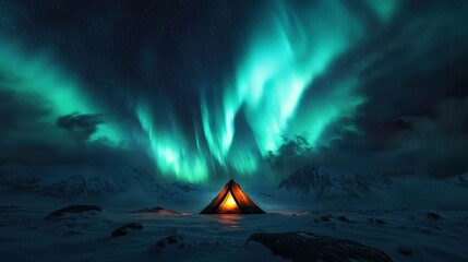 A scenic view of a tent glowing softly in the middle of a snowfield, with the Northern Lights creating a celestial spectacle above