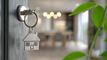 A silver key with a house-shaped fob is in the lock of an open gray door with a blurred well-lit home interior and a green plant visible - Powered by Adobe