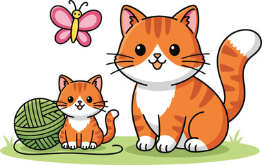 Cute Cartoon Mother Cat and Kitten with Butterfly and Yarn Ball Vector Illustration
