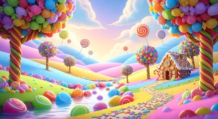 Fantasy candy land scene with colorful trees and a gingerbread house