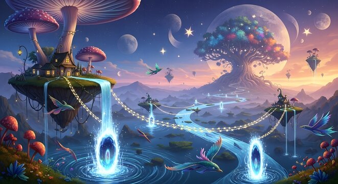 Fantasy landscape with floating islands and luminous waterfalls in celestial scene