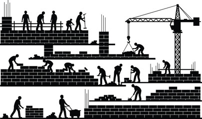Construction workers silhouettes, building site teamwork, crane lifting materials, bricklaying laborers, scaffolding structure, multi‑level construction process vector illustration