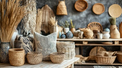 A rustic, boho-style home decor display featuring woven baskets, woven fabric, and various decorative items on a wooden shelf and table.