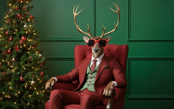 Dapper reindeer in a suit and sunglasses sits in a red chair next to a christmas tree
