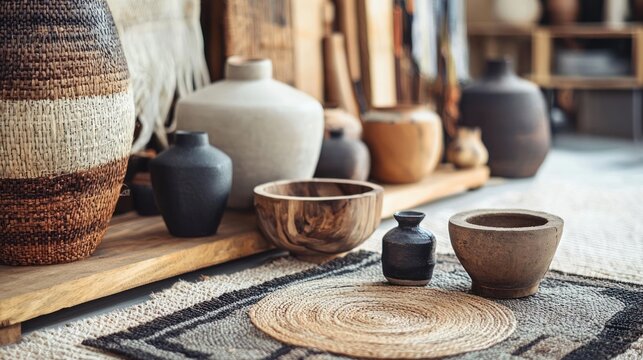 A collection of various pottery and ceramic items, including vases, bowls, and jars, arranged on a wooden shelf in a rustic, earthy setting with a woven rug and wooden floor. - Powered by Adobe