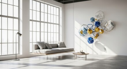 Sunlit contemporary space with floating sofa and abstract wall sculpture