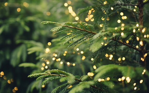 Close up of green pine needles adorned with warm glowing fairy lights creating a festive holiday atmosphere - Powered by Adobe