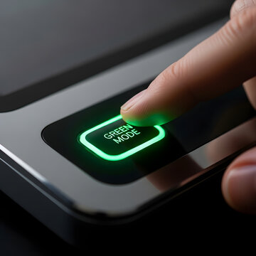 Finger pressing a brightly illuminated green "GREEN MODE" button on a modern electronic device.