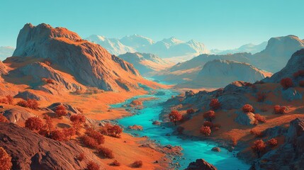 Serene turquoise river winding through a warm, inviting, and rocky mountain landscape