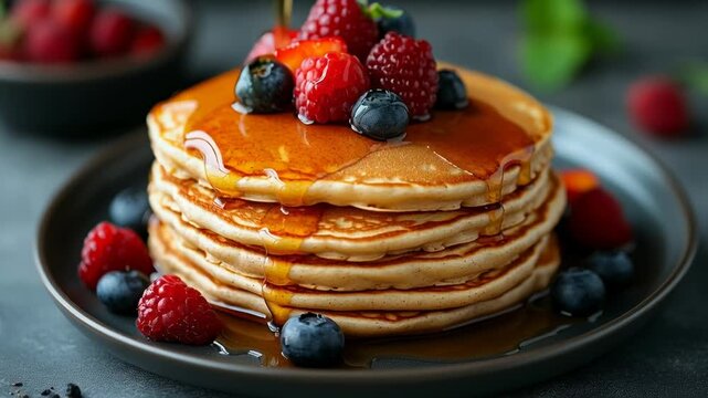 Delicious stack of pancakes with fresh berries and maple syrup on a plate