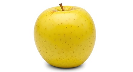 A single vibrant yellow apple, possibly a Golden Delicious, stands upright against a clean white background, showcasing its smooth skin and natural beauty.
