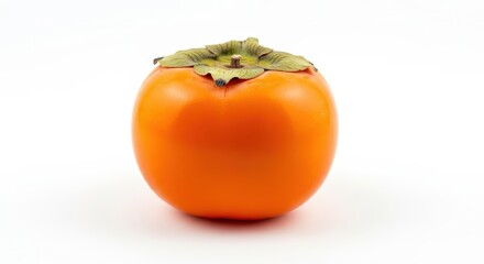 A single ripe orange persimmon fruit with a green calyx on a clean white background, showcasing its smooth skin.