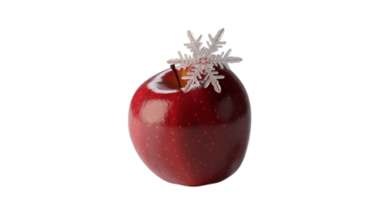A red apple adorned with a delicate snowflake, a symbol of seasonal festivity.