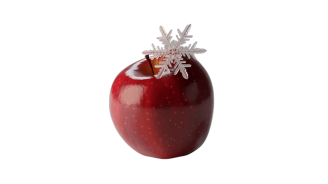 A red apple adorned with a delicate snowflake, a symbol of seasonal festivity.