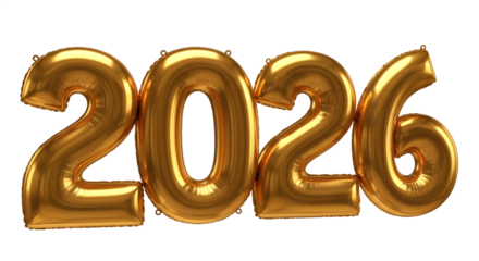 Golden 3d balloons forming the year 2026 against a White background, Transparent, PNG