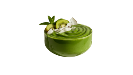 A healthy green smoothie bowl with kiwi and coconut flakes.