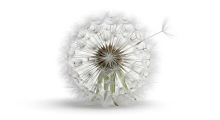 Close-up of a delicate dandelion seed head with one seed detaching and floating away against a clean white background, symbolizing lightness and new beginnings.