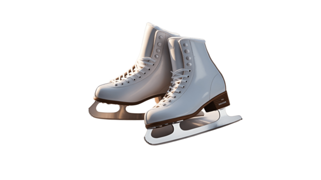 Ice skates pair on an ice with sunlight.