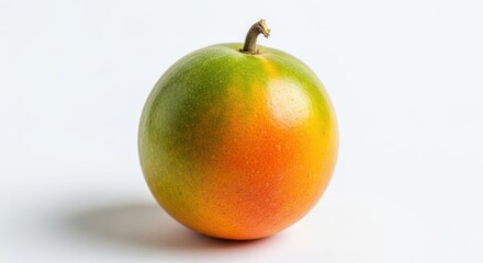 A vibrant, round tropical fruit with green and orange skin on a white background.
