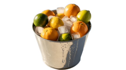 A bucket filled with ice and fresh citrus fruit.