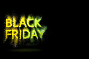 Texte anglais « Black Friday »  lettres épaisses vertes et jaunes sur fond noir avec effet de dispersion, visuel dynamique  promotions commerciales de fin novembre avec espace négatif copyspace