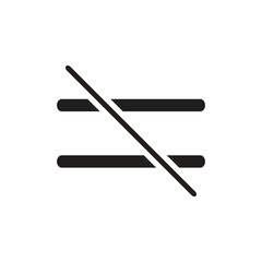 A simple black and white illustration of an inequality symbol with a diagonal line vector icon