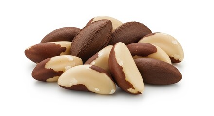 A close-up shot of a small pile of Brazil nuts, some shelled and some unshelled, showcasing their distinct brown and creamy white colors on a clean white background.