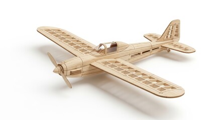 A detailed wooden model airplane with a propeller, viewed from an angle on a white background, showcasing intricate craftsmanship and design.