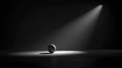 A single basketball rests on a dark polished court dramatically illuminated by a solitary beam of light from above casting a long shadow - Powered by Adobe