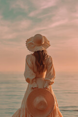 Woman with long dress holding a sunhat facing sea horizon