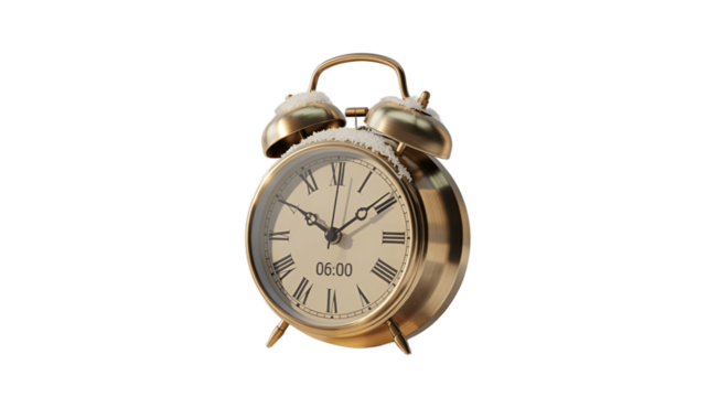 Vintage golden alarm clock displaying the time.