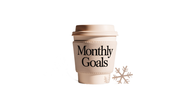 A coffee cup displays Monthly Goals and a snowflake.