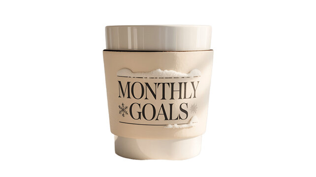 A stylish cup with the words Monthly Goals written on it.