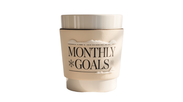 A stylish cup with the words Monthly Goals written on it.