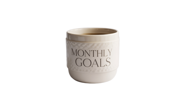 A cup filled with dark beverage, inscribed with the words MONTHLY GOALS.