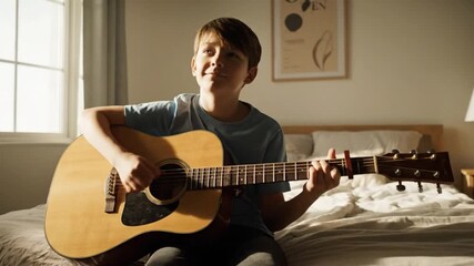Young boy practices acoustic guitar in sunlit bedroom, enjoying music - Powered by Adobe
