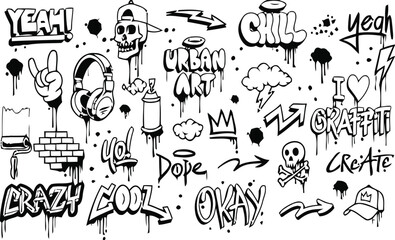Collection of black and white graffiti art elements featuring skulls headphones and words
