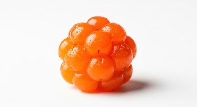 Close-up studio shot of a single ripe orange cloudberry on a plain white background.