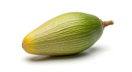 A single green and yellow elongated fruit or seed pod with a ribbed texture on a white background.