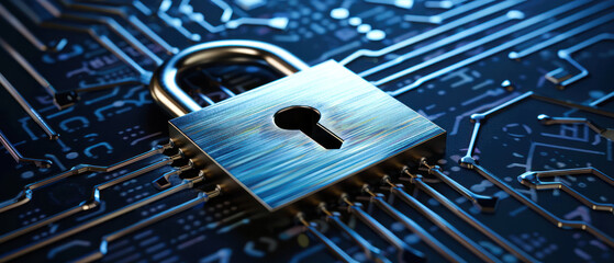 Padlock for privacy data network protection computing system on dark blue background, cyber security technology for fraud prevention.