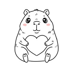 Adorable cartoon capybara sitting and holding a heart shape with pink blush on its cheeks.
