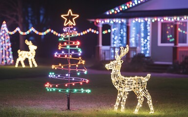 Festive outdoor christmas decorations including a lighted tree and reindeer illuminate a yard at night